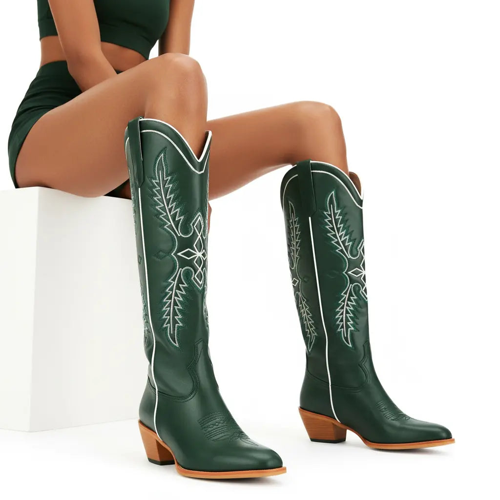 Tuhoomall Dark Green Embroidered Western Knee High Boots for Wide Calf with Chunky Heel Tuhoomall