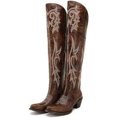 Tuhoomall Western Over-the-Knee Boots for Women, Chunky Heel, Snip-Toe, Embroidered, Slip-On, Distressed Style for Parties and Casual Outings
