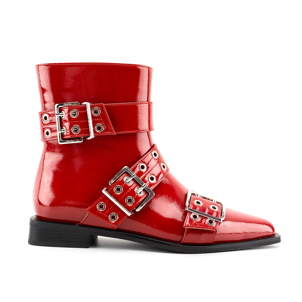 Tuhoomall Ankle Boots For Women, Casual Short Boots, Pointed Toe Chunky Heel, Zipper Closure With Hardware Buckle, PU Patent Leather, Rubber Sole, Ideal For Spring, Autumn, Winter