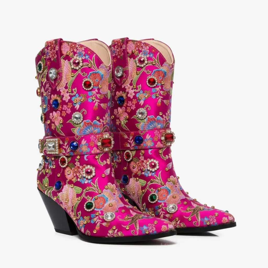 Tuhoomall Western Floral Embroidered Rhinestone Mid Calf Boots for Women, Chunky Heel, Water-Resistant Satin, Stylish for Spring Autumn Winter Tuhoomall