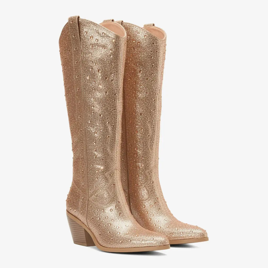 Tuhoomall Rhinestone Western Mid Calf Boots For Women - Chunky Heel & Easy Zip Closure, Stylish For Travel And Weddings Tuhoomall