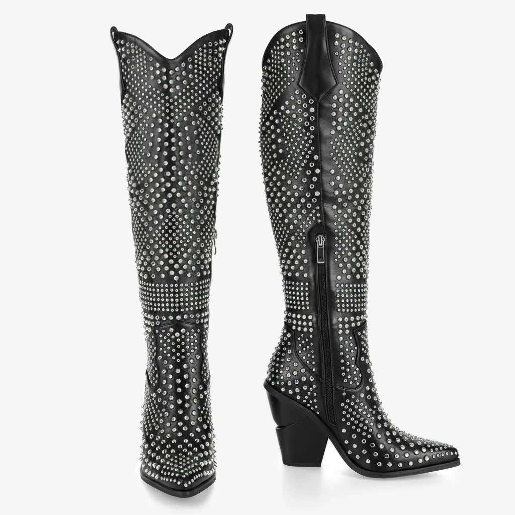Tuhoomall Knee High Western Boots For Women, Western Style, Pointed Toe, Chunky Heel, Zipper Closure Perfect For Spring, Autumn, Winter Tuhoomall