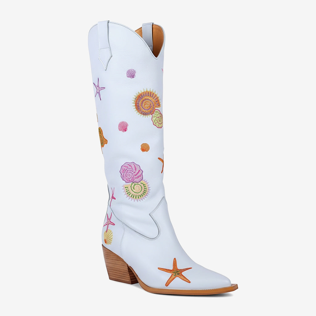 Tuhoomall Western Style Knee High Boots for Parties and Performances with Comfort and Embroidered Animal Patterns