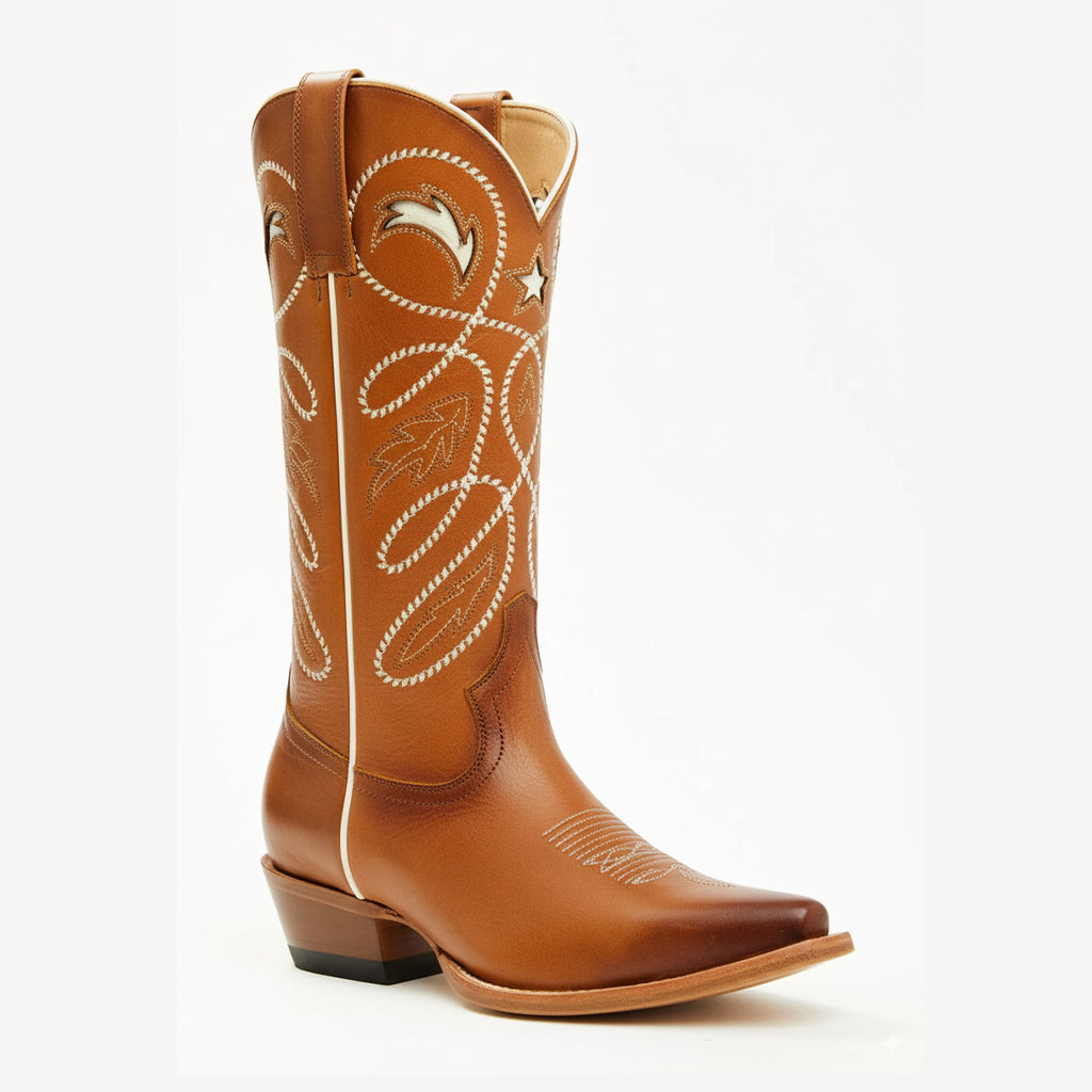 Tuhoomall Western Cowboy Boots for Women, Stylish Rough Heel, Star Embroidery, Easy Slip-On, Casual Fashion All Seasons