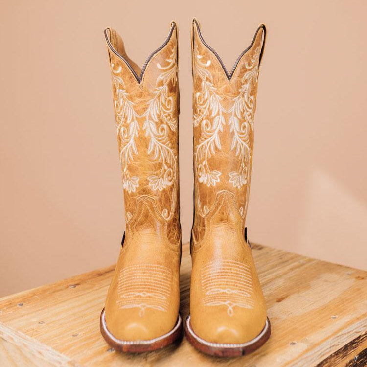 Tuhoomall Western Style Embroidered Mid-Calf Boots for All Seasons, Slip-On Low Chunky Heels with PU Material and Sniper Toe Design