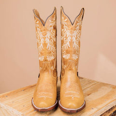 Tuhoomall Western Style Embroidered Mid-Calf Boots for All Seasons, Slip-On Low Chunky Heels with PU Material and Sniper Toe Design