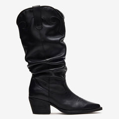 Tuhoomall Western Cowboy Boots For Women, Stylish Wrinkled Mid-Calf Design, Comfortable Slip-On Style, Embroidered Detailing