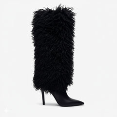 Tuhoomall Knee High Chunky Heeled Boots, Animal Cruelty Free, Elegant Party and Runway Style, Solid Faux Fur Design