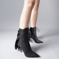Tuhoomall Stylish Lace-Up Ankle Boots for Women with 9 cm Stiletto Heels, Chic Cutout Design Perfect for Parties and Performances