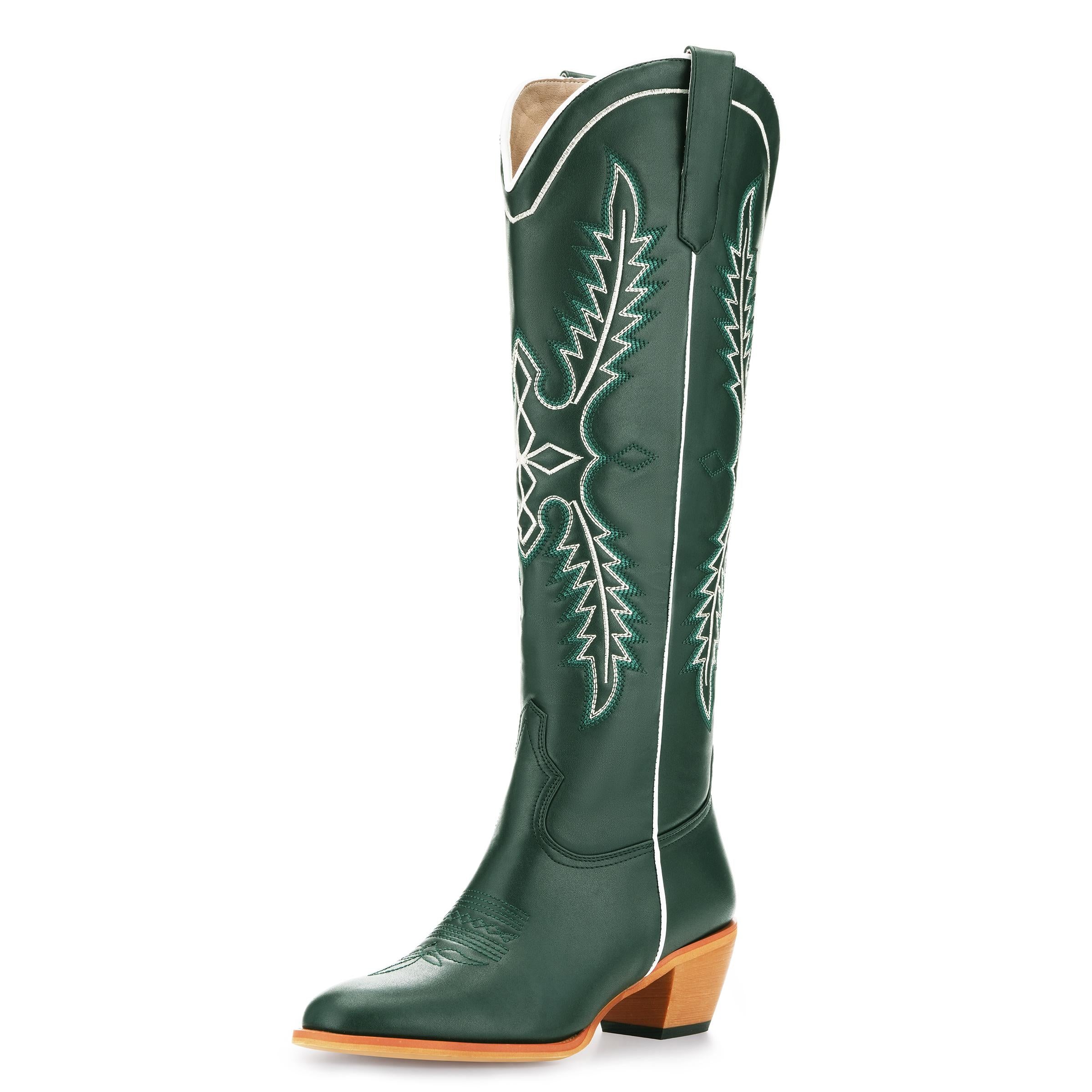 Tuhoomall Dark Green Embroidered Western Knee High Boots for Wide Calf with Chunky Heel