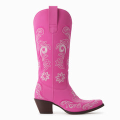 Tuhoomall Western Cowgirl Boots, Chunky Heel, Slip-On, Floral Embroidery, Mid Calf Boot for Fashion, Casual, Outdoor, Parties, All Seasons