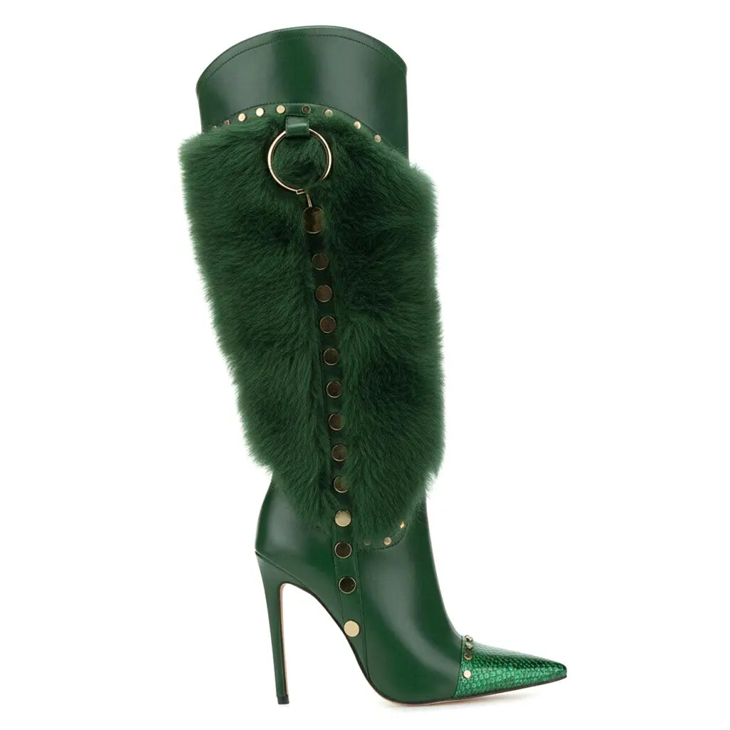 Tuhoomall Heel Fashion Boots for Women, Elegant Pointed Toe High Heels with Studs and Faux Fur, Ideal for Parties and Performances Tuhoomall