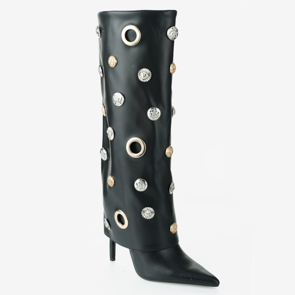 Tuhoomall Stylish Knee-High Women's Boots with Pointed Toe, Hollow Design and Metal Accents for Parties, Performances and Fashion Events