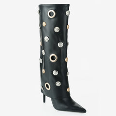 Tuhoomall Stylish Knee-High Women's Boots with Pointed Toe, Hollow Design and Metal Accents for Parties, Performances and Fashion Events