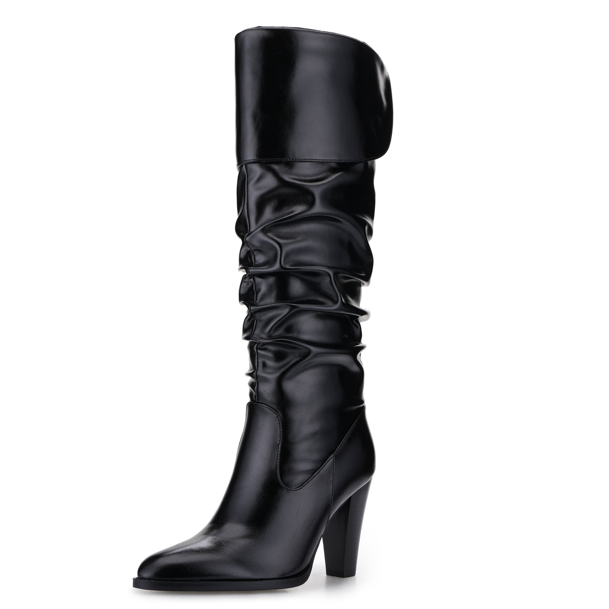 Tuhoomall Fashion Knee-High Boots for Women, Stylish Ruffled Design, 9cm Chunky Heel, Ideal for Casual Work and All Seasons
