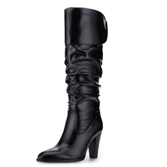 Tuhoomall Fashion Knee-High Boots for Women, Stylish Ruffled Design, 9cm Chunky Heel, Ideal for Casual Work and All Seasons