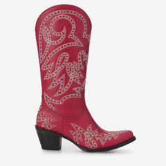 Tuhoomall Western Cowgirl Boots for Women, Mid Calf Slip-On Boot with Embroidery and Rhinestones, Chunky Heel for Outdoor Parties and Performances