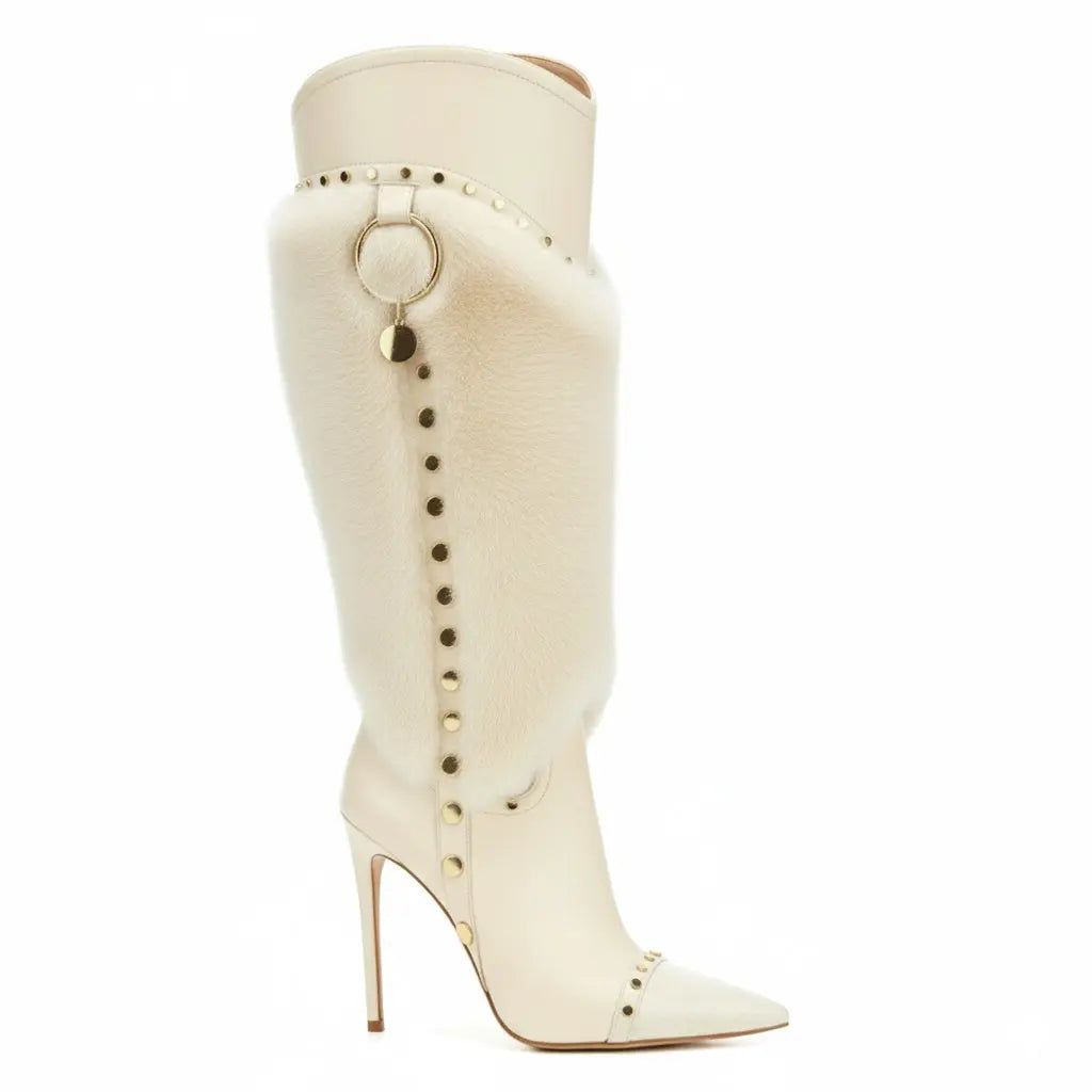 Tuhoomall Heel Fashion Boots for Women, Elegant Pointed Toe High Heels with Studs and Faux Fur, Ideal for Parties and Performances Tuhoomall