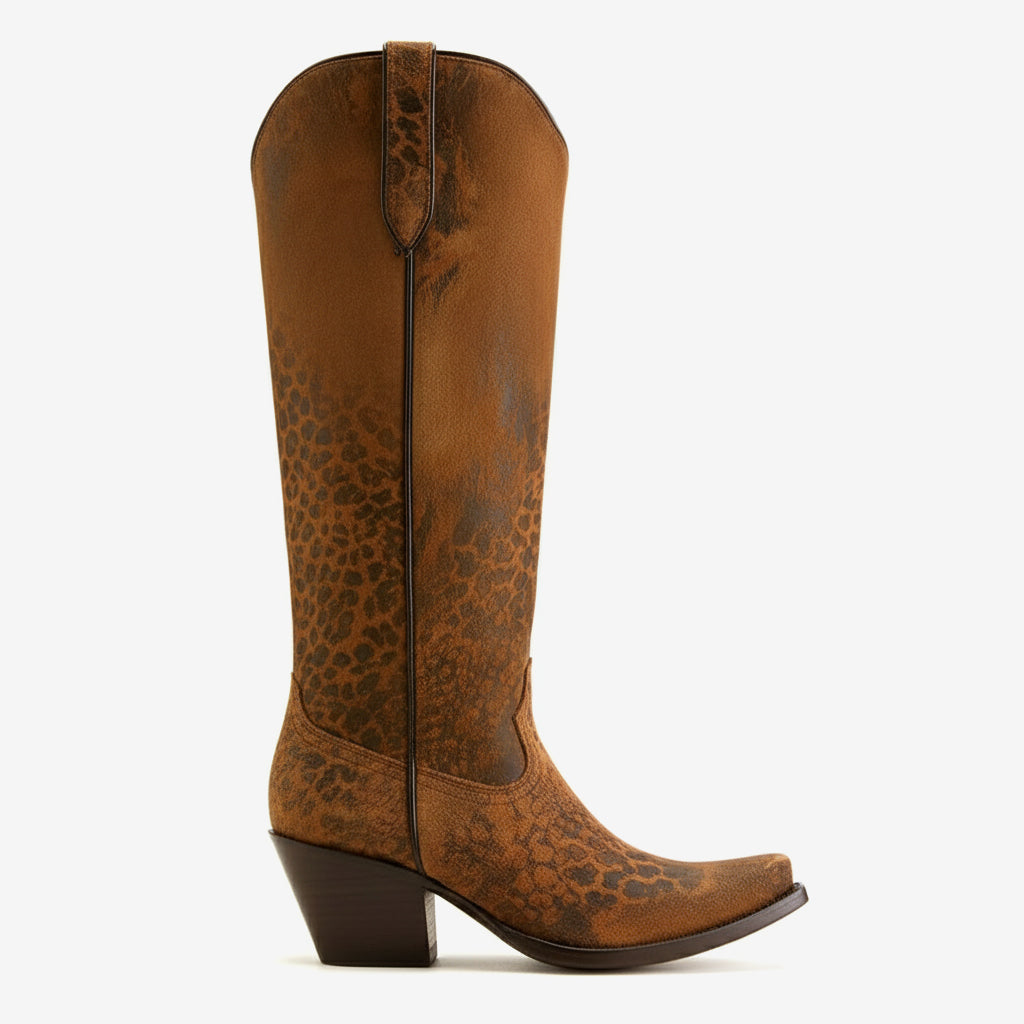 Tuhoomall Western Over-the-Knee Boots for Women, Floral Embroidered Chunky Heel, Comfortable Slip-On, Stylish for Travel and Outdoor Fashion