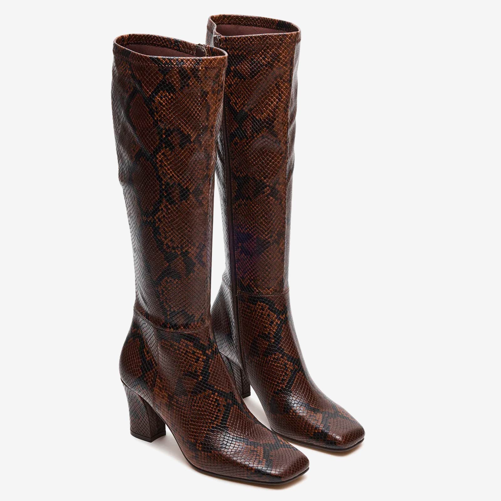 Tuhoomall Fashion Casual Boots for Women, Mid Calf, Square Toe, Chunky Heel, Zipper Closure, Solid Color, Snake Print PU, All Season Wear
