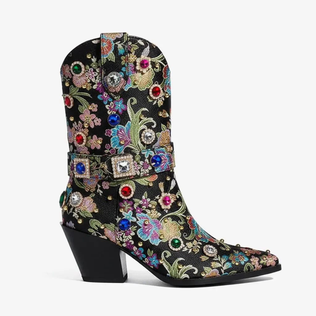 Tuhoomall Western Floral Embroidered Rhinestone Mid Calf Boots for Women, Chunky Heel, Water-Resistant Satin, Stylish for Spring Autumn Winter Tuhoomall