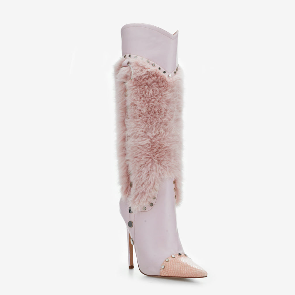 Tuhoomall Heel Fashion Boots for Women, Elegant Pointed Toe High Heels with Studs and Faux Fur, Ideal for Parties and Performances