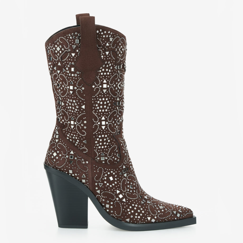 Tuhoomall Western Floral Embellished Mid-Calf Boots for Women, Comfortable Chunky Heel, Perfect for Bohemian Parties and Performances