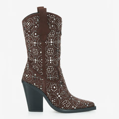 Tuhoomall Western Floral Embellished Mid-Calf Boots for Women, Comfortable Chunky Heel, Perfect for Bohemian Parties and Performances