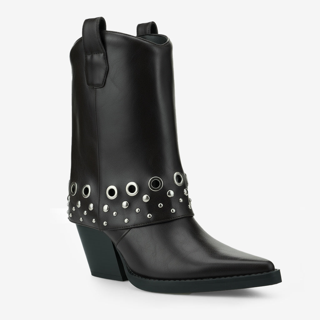 Tuhoomall Chic Ankle Boots With Geometric Pattern, Foldable Shaft, Metal Buckle, Chunky Heel For Casual And Outdoor Use