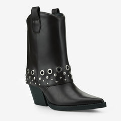 Tuhoomall Chic Ankle Boots With Geometric Pattern, Foldable Shaft, Metal Buckle, Chunky Heel For Casual And Outdoor Use