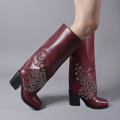 Tuhoomall Western Style Chunky Heel Knee High Boots with Studded Design for Parties and Performances, Retro Fashionable PU Leather Footwear
