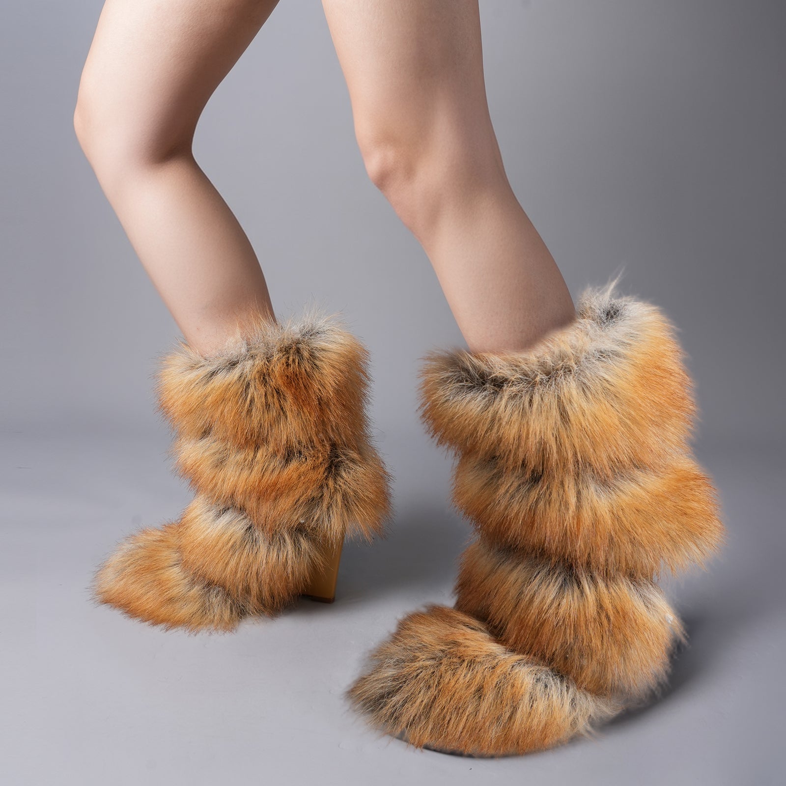 Tuhoomall Western Style Rhinestone Mid-Calf Party Boots, Slip-On Faux Fur Wedge with Animal Print, All-Season Fashion for Performances