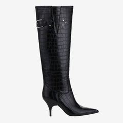 Tuhoomall Knee-High Stylish Party Boots for Women with Pointed Toe, Adjustable Buckle, Stone Pattern, 8cm Mid-Heel, Comfortable Rubber Sole