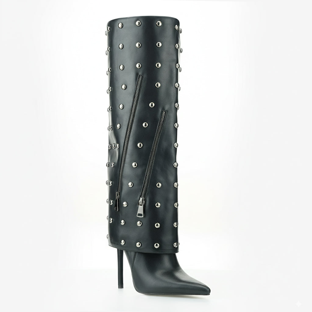 Tuhoomall Knee High Party Boots for Women, Two Piece Design with Studs and Zipper, Stylish High Heel 11.5cm, Perfect for Performances and Special Occasions