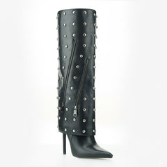 Tuhoomall Knee High Party Boots for Women, Two Piece Design with Studs and Zipper, Stylish High Heel 11.5cm, Perfect for Performances and Special Occasions