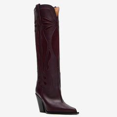 Tuhoomall Western Style Knee-High Floral Embellished Cowboys Boots for Women, Casual Use, Sharp Toe, Chunky Heel, All-Season Comfort
