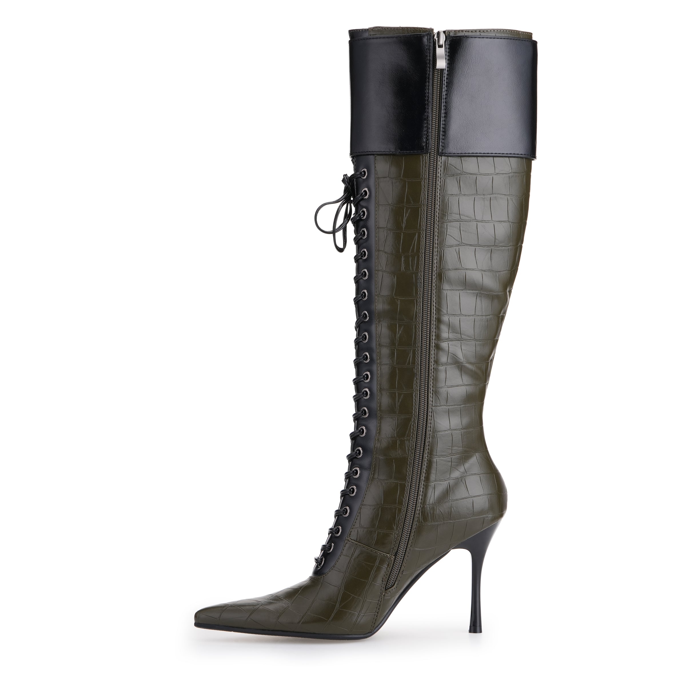 Tuhoomall Knee-High Pointed Toe Women's Fashion Boots with Cross Straps and Metal Accents for Parties and Performances, Stylish and Functional