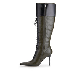 Tuhoomall Knee-High Pointed Toe Women's Fashion Boots with Cross Straps and Metal Accents for Parties and Performances, Stylish and Functional