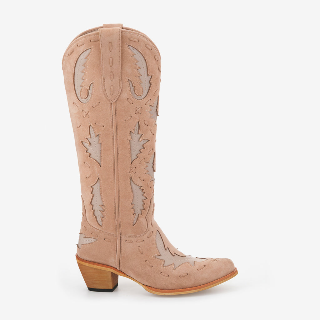 Tuhoomall Western Knee-High Cowboy Boots With Chunky Heel, Stylish Suede , Chic Patchwork Design For Comfort In Casual Outfits