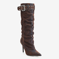 Tuhoomall Style Knee High Boots with Pointed Toe, 9cm Stiletto Heel, Perfect for Parties and Performances, Vintage and Stylish Design