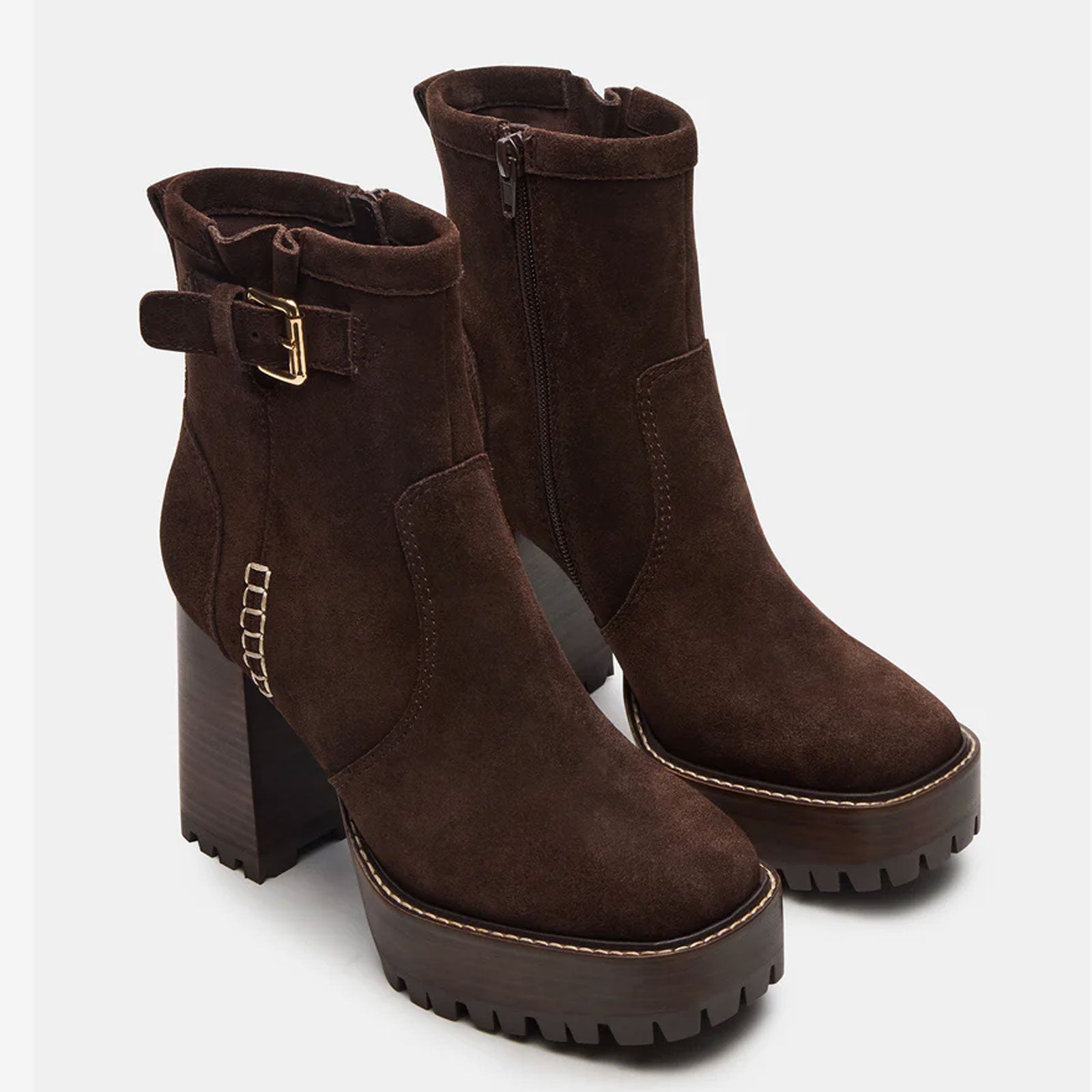 Tuhoomall Waterproof Chunky Heeled Ankle Boots for Outdoor, Work, and Casual Fashion - Adjustable Buckle, Zipper Closure, Quilted Suede