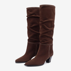 Tuhoomall Fashionable Ruched Knee-High Boots for Women, Chunky Mid-Heel, Casual Chic Style, Versatile All-Season Comfort