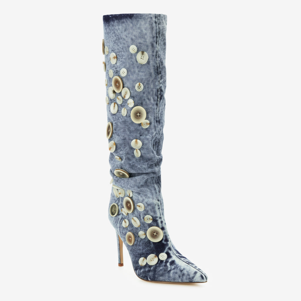 Tuhoomall Knee High Boots, Comfortable Ruched Design with Buttons, Fashionable Vintage Look for Casual Outings, 9.5 cm High Heel