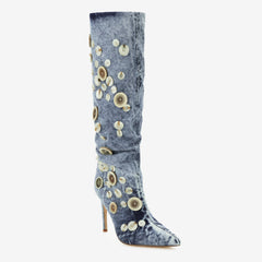 Tuhoomall Knee High Boots, Comfortable Ruched Design with Buttons, Fashionable Vintage Look for Casual Outings, 9.5 cm High Heel