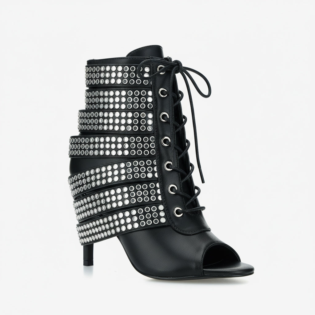 Tuhoomall Western Style Sparkling Ankle Boots with Peep Toe for Parties and Performances, High Heels, Studded Design, All-Season Fashion