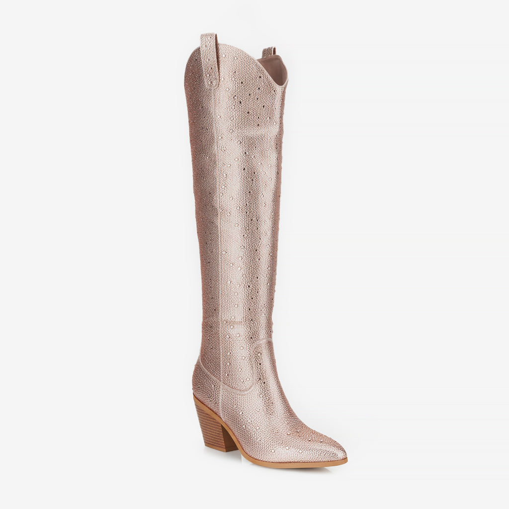 Tuhoomall Western Over-Knee Cowboy Boots With Chunky Heel, Rhinestone-Studded Vegan Leather, Casual All-Season Style, Round Toe, Zipper Closure