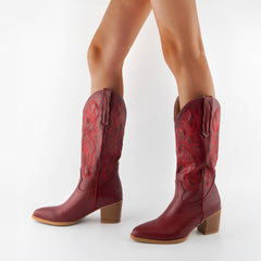 Tuhoomall Western Style Embroidered Mid Calf Boots for Women, Pointed Toe, Chunky Low Heel, Fashionable All-Season Footwear, Perfect for Parties