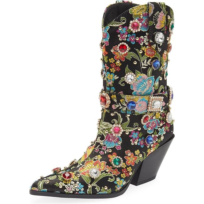 Tuhoomall Western Floral Embroidered Rhinestone Mid Calf Boots for Women, Chunky Heel, Water-Resistant Satin, Stylish for Spring Autumn Winter