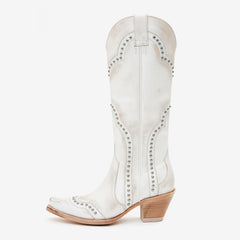 Tuhoomall Western Cowboy Boots for Women, Stitched Design, Fashion Casual Style, Chunky Heel, Mid-Calf Length, All-Season Wear