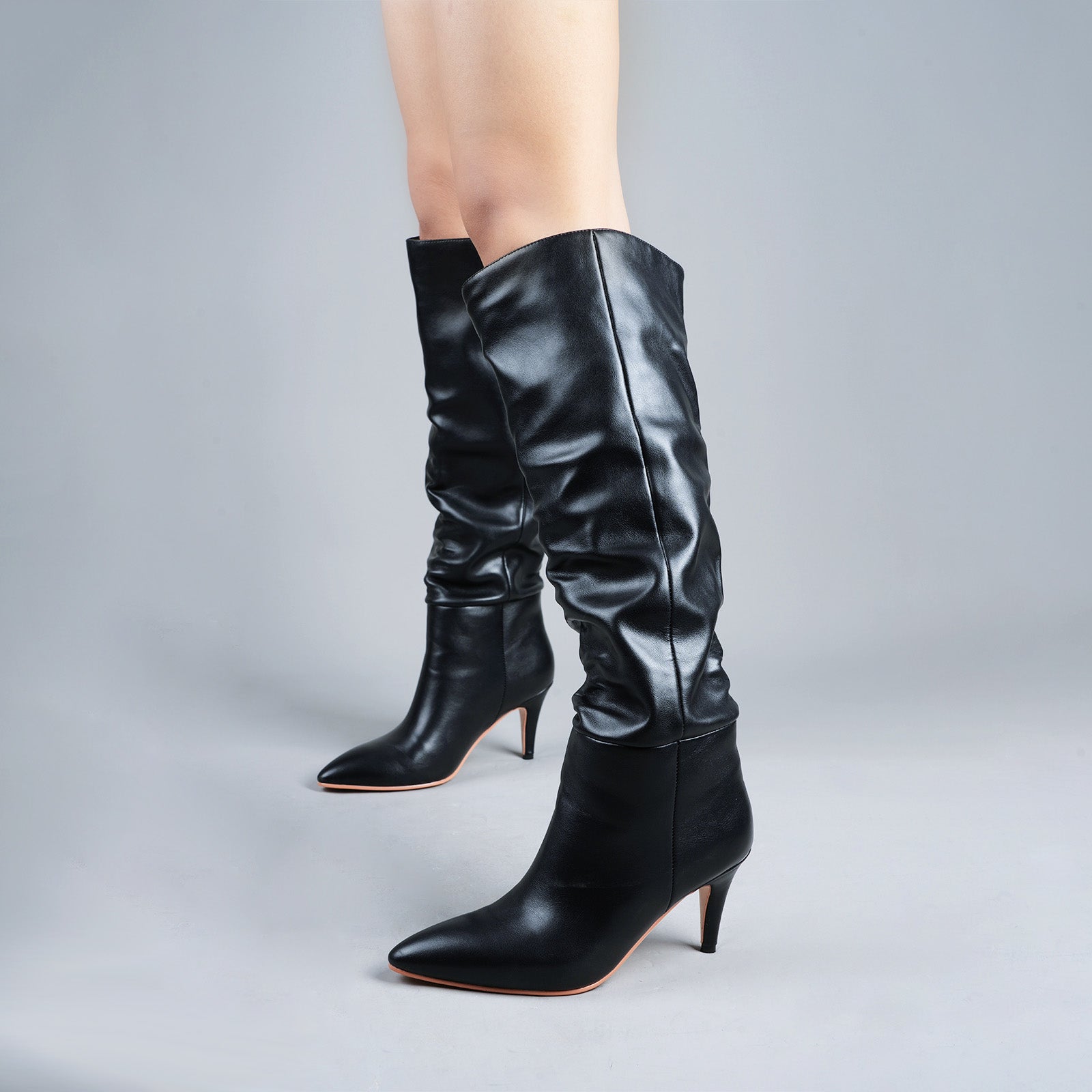Tuhoomall Khaki Ruched Pointed-Toe Knee-High Boots for Women, Casual Slip-On Style with Sturdy Chunky Heel